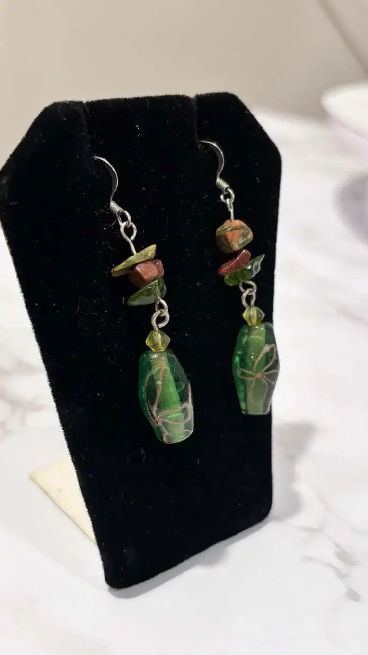 Handcrafted Green Glass Bead Dangle Earrings